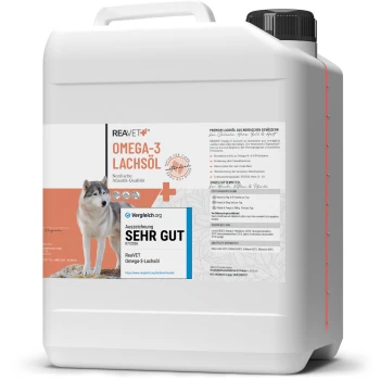 Behälter mit REAVET Omega-3 Lachsöl für Haustiere, mit einem Bild eines Huskys, Nährwertangaben und einem 'Sehr Gut' Auszeichnungsetikett.