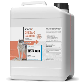 Behälter mit REAVET Omega-3 Lachsöl für Haustiere, mit einem Bild eines Huskys, Nährwertangaben und einem 'Sehr Gut' Auszeichnungsetikett.