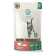 Verpackung für Fellicita Felini's Sticks, mit einer verspielten grauen Katze, mit Text, der "Huhn & Lachs" und "Weiche Sticks" angibt.