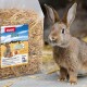 Ein braunes Kaninchen sitzt neben einem Sack PANTO-Stroh, beschriftet "Stroh", mit einem Gewicht von 2 kg, mit Bildern eines Kaninchens und eines Meerschweinchens auf der Vorderseite.