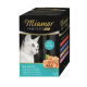 Miamor Feine Filets Mini kattenvoeding verpakking met een witte kat, met 8 x 50g porties in verschillende smaken, waaronder kip en tonijn.