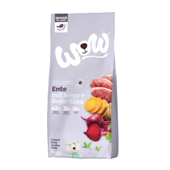 Premium Trockenfutter für Hunde in einer Tüte mit der Aufschrift "WOW", die Ente, Minze und Rote Beete enthält, mit 62% tierischem Protein, 38% Fett und 0% Getreide.