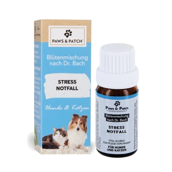 Paws & Patch 'Stress Notfall' Bachblütenmittel für Hunde und Katzen, blaue Schachtel und Fläschchen mit Aufschrift 'Stress Notfall'.