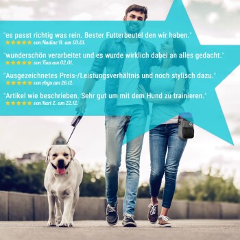 Ein Paar geht mit einem Hund an der Leine, mit einer Leckerlitasche am Gürtel des Mannes. Kundenbewertungen auf Deutsch heben die Produktzufriedenheit hervor.