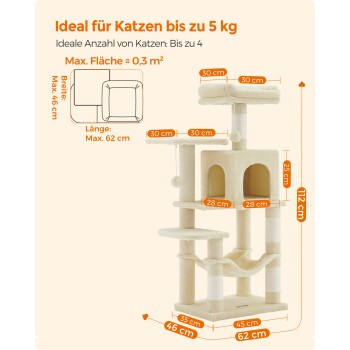 Katzenbaum für Katzen bis 5 kg, Maße 112 cm Höhe, 62 cm Länge, 46 cm Breite, geeignet für bis zu 4 Katzen.