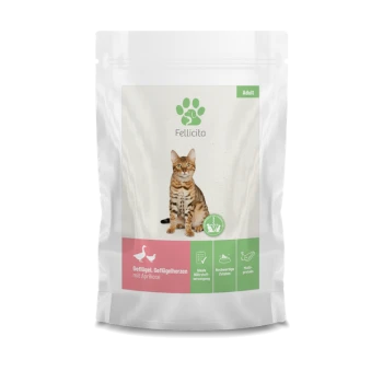 Verpackung für Katzenfutter mit einer getigerten Katze, beschriftet 'Fellicita' mit einem grünen Pfotenlogo, das 'Geflügel, Geflügelherzen mit Aprikose' für Erwachsene angibt.