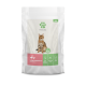 Verpackung für Katzenfutter mit einer getigerten Katze, beschriftet 'Fellicita' mit einem grünen Pfotenlogo, das 'Geflügel, Geflügelherzen mit Aprikose' für Erwachsene angibt.