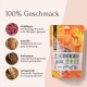 Tierfutterverpackung mit "100% Geschmack" und Bildern von Wildfleisch, Kartoffeln, Buchweizen und Leinsamenmehl, gekennzeichnet mit "Cookies Wild."