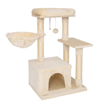 Kratzbaum Höhe 85 cm beige Cremefarbener Kratzbaum für Katzen mit mehreren Ebenen, einer gemütlichen Hängematte, Kratzpfosten und einem hängenden Ballspielzeug.