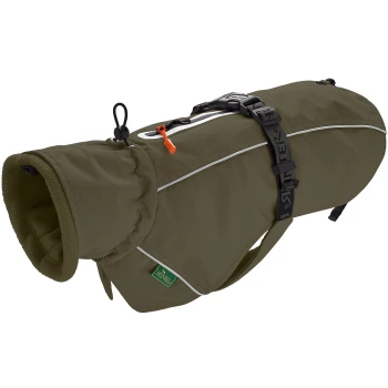 Olivgrüner Hundemantel mit Fleece-Futter, verstellbaren Riemen und reflektierenden Details für Sichtbarkeit.