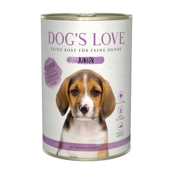 Boîte de nourriture pour chiens Dog's Love Junior, mettant en avant un chiot sur l'étiquette, avec de l'agneau comme ingrédient principal, avec des notes de citrouille et de camomille.