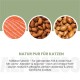 Lachs, Mandeln und Argan-Nüsse mit deutschem Text, der natürliches Katzenfutteröl reich an Omega-Fettsäuren bewirbt.
