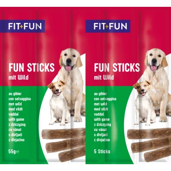 Packaging for FIT+FUN Fun Sticks with Wild game, featuring images of two dogs, with text in multiple languages, 55g, 5 sticks.