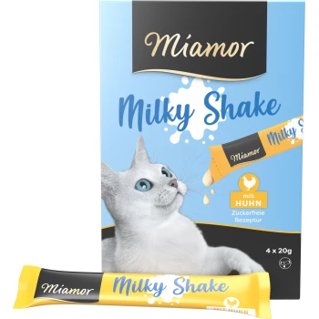 Emballage de friandises pour chat Miamor Milky Shake avec un chat blanc aux yeux bleus, mettant en avant "mit Huhn" et "Zuckerfreie Rezeptur".