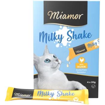 Miamor Milky Shake Katzenleckerliverpackung mit einer weißen Katze mit blauen Augen, die "mit Huhn" und "Zuckerfreie Rezeptur" hervorhebt.