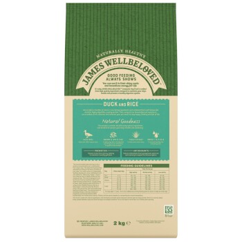 A 2 kg bag of James Wellbeloved Duck and Rice dog food, featuring a green and beige design, with nutritional information and feeding guidelines.