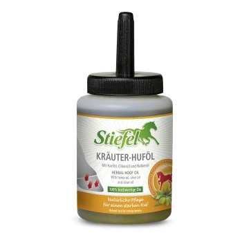 Flasche mit Kräuter-Huföl, beschriftet mit "Stiefel Kräuter-Huföl", enthält Hanf-, Oliven- und Nelkenöle; Text hebt die natürliche Pflege für starke Hufe hervor.