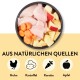 Schüssel mit Haustierfutter, die Huhn, Karotten, Äpfel und Kartoffeln enthält, mit dem Text "AUS NATÜRLICHEN QUELLEN" und Symbolen für jede Zutat.