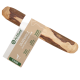 Olivenholz Kaubone für Hunde, mit einem Etikett mit dem Produktnamen "Olivenholz Kaubone", Gewicht 100g und Pflegehinweisen.
