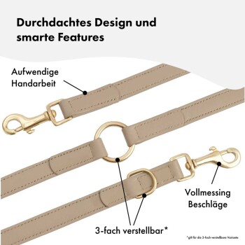 Eine stilvolle beige Hundeleine mit goldenen Beschlägen, in drei Längen verstellbar, mit Etiketten, die ihre Handwerkskunst und Merkmale hervorheben.