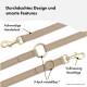 Eine stilvolle beige Hundeleine mit goldenen Beschlägen, in drei Längen verstellbar, mit Etiketten, die ihre Handwerkskunst und Merkmale hervorheben.