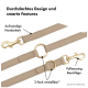 Eine stilvolle beige Hundeleine mit goldenen Beschlägen, in drei Längen verstellbar, mit Etiketten, die ihre Handwerkskunst und Merkmale hervorheben.