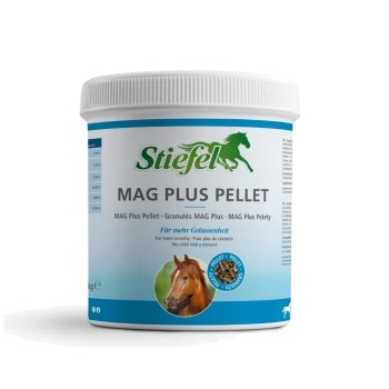 Behälter mit Stiefel Mag Plus, einem Magnesiumpräparat für Pferde, mit einer Grafik eines braunen Pferdes und Text in Deutsch und Englisch.