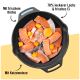 Eine gusseiserne Pfanne mit rohem Lachs, Kürbiswürfeln und einem Eigelb, beschriftet auf Deutsch: "70% leckerer Lachs & frisches Ei."