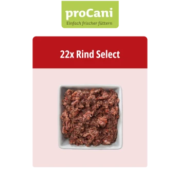 Verpackung von proCani Hundefutter mit "Rind Select" (Rindfleisch Select) mit einem Foto eines Hundes und einer grünen Landschaft, gekennzeichnet für 22 Portionen.