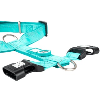 Türkis verstellbares Hundegeschirr mit schwarzen Kunststoffschnallen und Metall-D-Ringen, beschriftet mit „Moxi Mops“.
