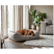 Rötlich-brauner Hund schläft in einem grauen Cord-Hundebett mit erhöhtem Rand und Lederetikett „KNUFFELWUFF“ im Wohnzimmer.