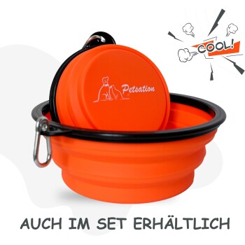 Zusammenklappbare orange Haustierschüssel mit schwarzem Rand und Clip, mit dem Logo 'Petsation' und dem Text 'AUCH IM SET ERHÄLTLICH.'