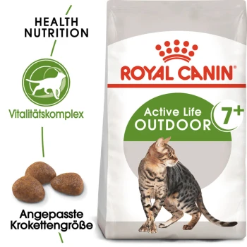 Outdoor 7+ 2 kg Royal Canin Active Life Outdoor Katzenfutter für Katzen ab 7 Jahren, mit einer Bengal-Katze auf der Verpackung, mit abgebildeten Kroketten.