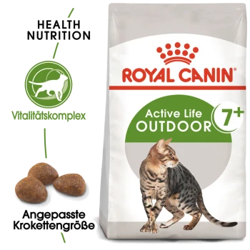 Royal Canin Active Life Outdoor Katzenfutter für Katzen ab 7 Jahren, mit einer Bengal-Katze auf der Verpackung, mit abgebildeten Kroketten.