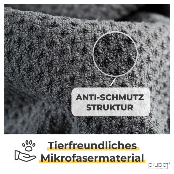 Nahaufnahme eines weichen, grauen Mikrofaserstoffs mit einem hervorgehobenen Abschnitt, der mit "ANTI-SCHMUZ STRUKTUR" beschriftet ist und dem Text "Tierfreundliches Mikrofasermaterial."