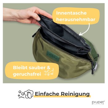 Ein grüner Haustiersack mit einer herausnehmbaren Innentasche und dem Text: "Innentasche herausnehmbar," "Bleibt sauber & geruchsfrei," "Einfache Reinigung."