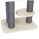 Katzenbaum mit zwei Kratzpfosten, die mit grauem Sisal-Seil umwickelt sind, einer weichen cremefarbenen Plattform und einem baumelnden Spielzeugball.