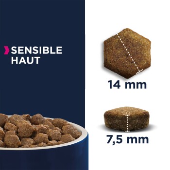 Hundenapf gefüllt mit Trockenfutter, mit einem Etikett "SENSIBLE HAUT" und zwei Futtergrößen: 14 mm und 7,5 mm hexagonale Stücke.