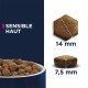 Hundenapf gefüllt mit Trockenfutter, mit einem Etikett "SENSIBLE HAUT" und zwei Futtergrößen: 14 mm und 7,5 mm hexagonale Stücke.