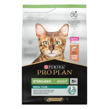 Sterilised Adult 1+ Optirenal reich an Lachs 3 kg Purina Pro Plan Katzenfutterbeutel mit einer Nahaufnahme des Gesichts einer Katze, beschriftet mit "Sterilised Adult Renal Plus," mit Lachs als Hauptzutat.