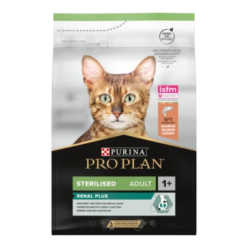 Purina Pro Plan kattenvoer zak met een close-up van een kattengezicht, gelabeld "Gesteriliseerd Volwassen Renal Plus," met zalm als hoofdingrediënt.