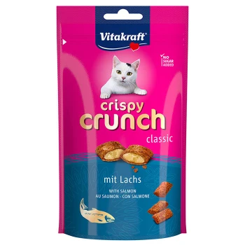 Crispy Crunch Lachs 8x60 g Crispy Crunch Katzenleckerlis Verpackung von Vitakraft, mit einer Katze auf einem rosa Hintergrund, gekennzeichnet mit "classic mit Lachs" und "mit Lachs."