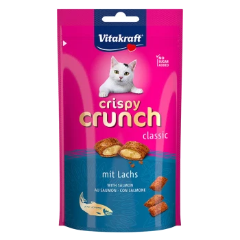 Crispy Crunch Katzenleckerlis Verpackung von Vitakraft, mit einer Katze auf einem rosa Hintergrund, gekennzeichnet mit "classic mit Lachs" und "mit Lachs."