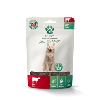 Fellicita Katzenfutterbeutel mit Bild einer weißen Katze, Text 'Fellonis Fleischstreifen', Kennzeichnung Rind (Beef) und Icons.