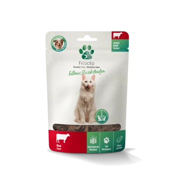 Fellicita Katzenfutterbeutel mit Bild einer weißen Katze, Text 'Fellonis Fleischstreifen', Kennzeichnung Rind (Beef) und Icons.