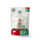 Fellicita Katzenfutterbeutel mit Bild einer weißen Katze, Text 'Fellonis Fleischstreifen', Kennzeichnung Rind (Beef) und Icons.