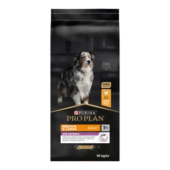 Beutel mit Purina Pro Plan Hundefutter für mittelgroße/große Hunde 7+, mit "Hohem Protein" und "Keine Farbstoffe" Etiketten und Hundebild.