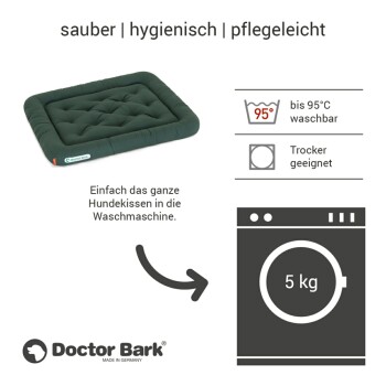 Grünes rechteckiges Hundebett mit gepolstertem Design, beschriftet mit "Doctor Bark," mit Waschhinweisen: maschinenwaschbar bis 95°C und trocknergeeignet.