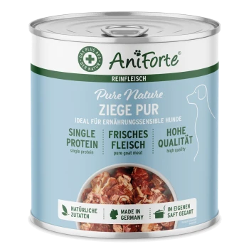 Eine Dose AniForte Pure Nature Ziege Pur Hundefutter mit frischem Ziegenfleisch, beschriftet "Single Protein" und "Hohe Qualität." Hergestellt in Deutschland.
