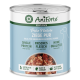 Eine Dose AniForte Pure Nature Ziege Pur Hundefutter mit frischem Ziegenfleisch, beschriftet "Single Protein" und "Hohe Qualität." Hergestellt in Deutschland.